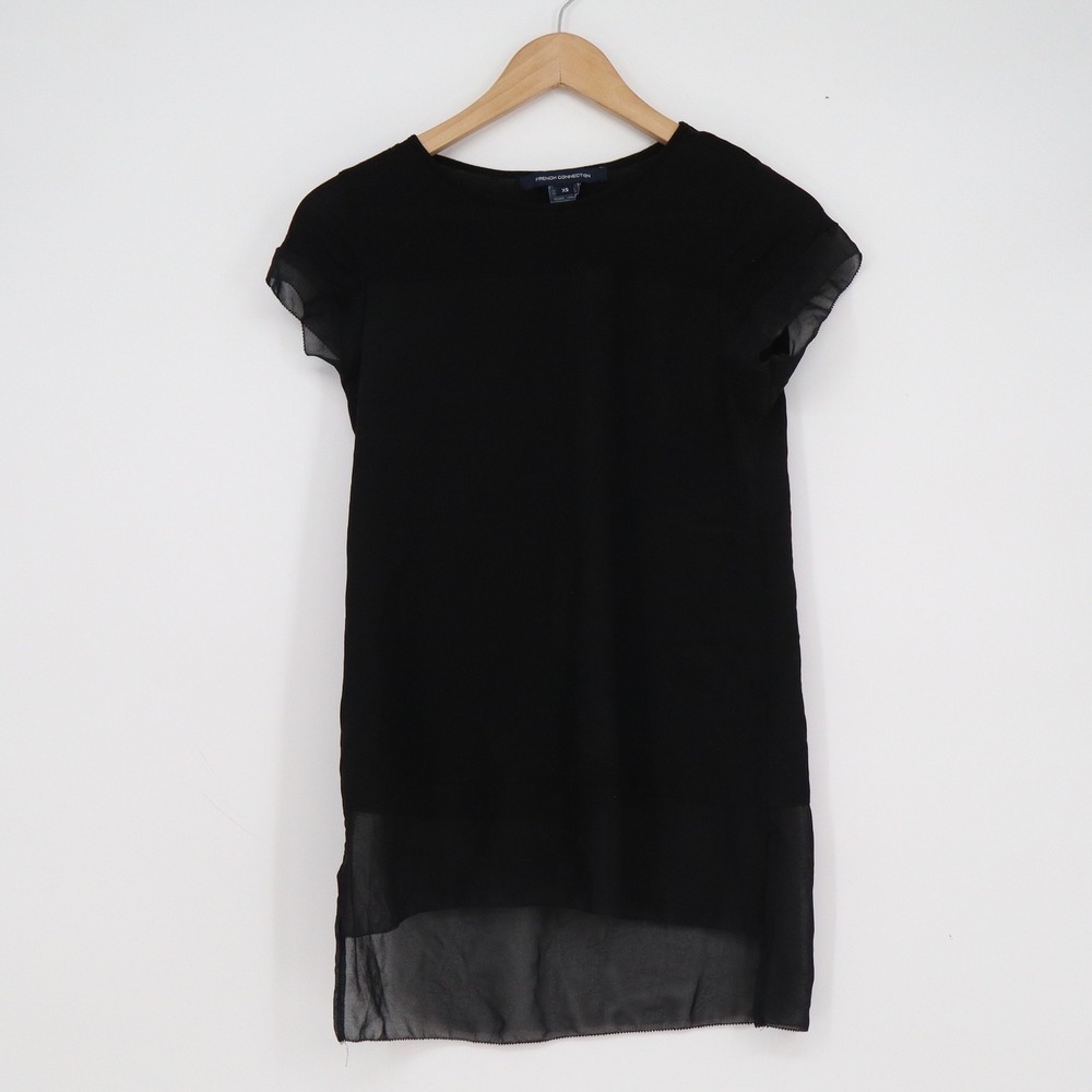French Connection Black Short Sleeve Layered Chiffon Hem Top XS 765ZM
